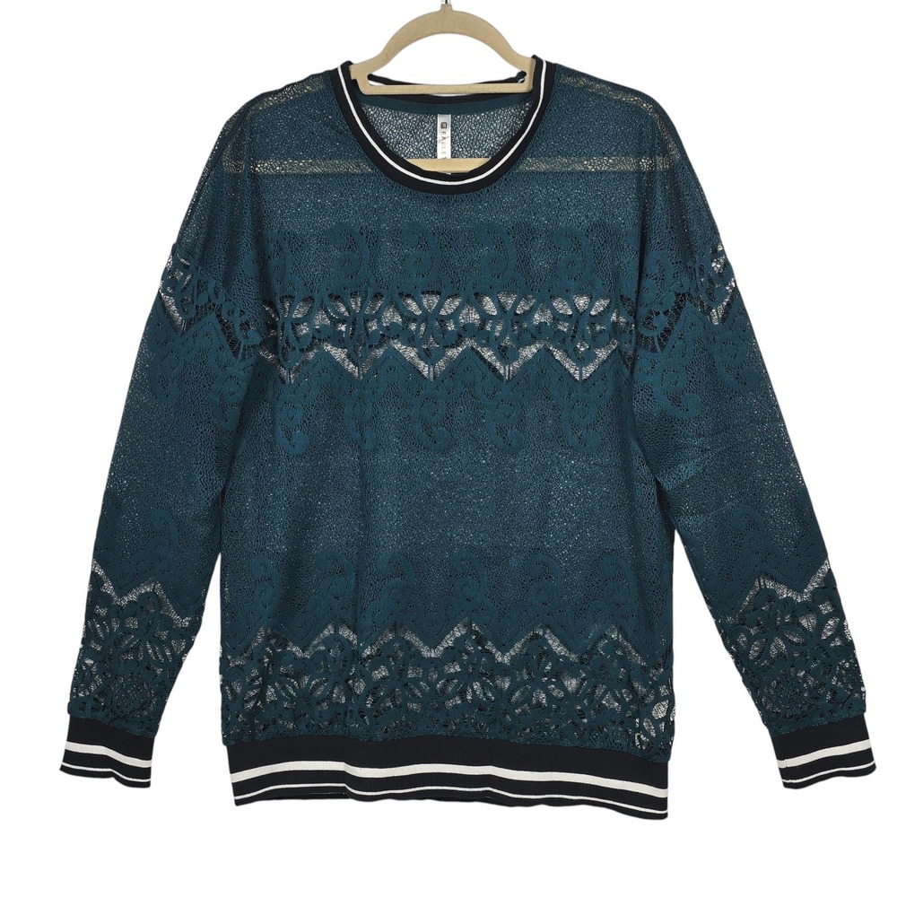 Fabletics Womens Teal Green Sheer Lace Long Sleeve Top Black Striped‎ Trim Large
